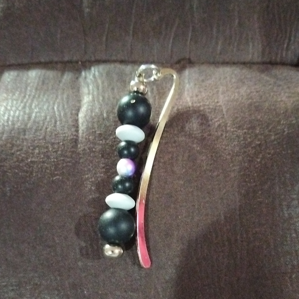 Black Beaded Gold-Tone Bookmark with White Accents